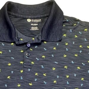 Haggar Polo Shirt Men's XXL Blue Tropical Palm Tree Pineapple Print Golf Active